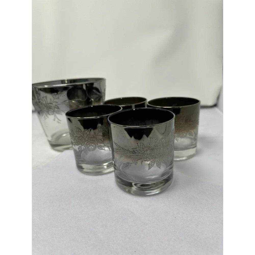 Vintage MCM Queen's Lustreware 4 Lowball Glasses & Ice Bucket Silver Fade